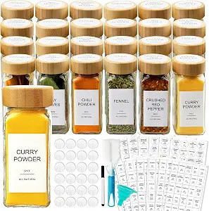 Glass Spice Jars with Bamboo Lid & 398 Label for Cabinet & Drawer Organizer | 24 pcs 4 fl oz Squa... | Amazon (US)