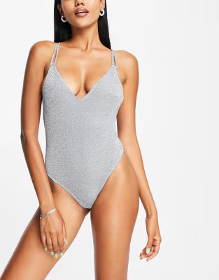 ASOS DESIGN cross back swimsuit in silver glitter | ASOS (Global)
