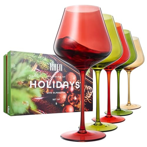 Christmas & Holiday Colored Wine Glasses Set of 5 In Luxurious Gift Box– 20oz Stemmed Goblets, Thanksgiving Dinner, Parties & Entertaining – Festive Red, Green & Gold Glassware for Celebrations, Gifts | Amazon (US)