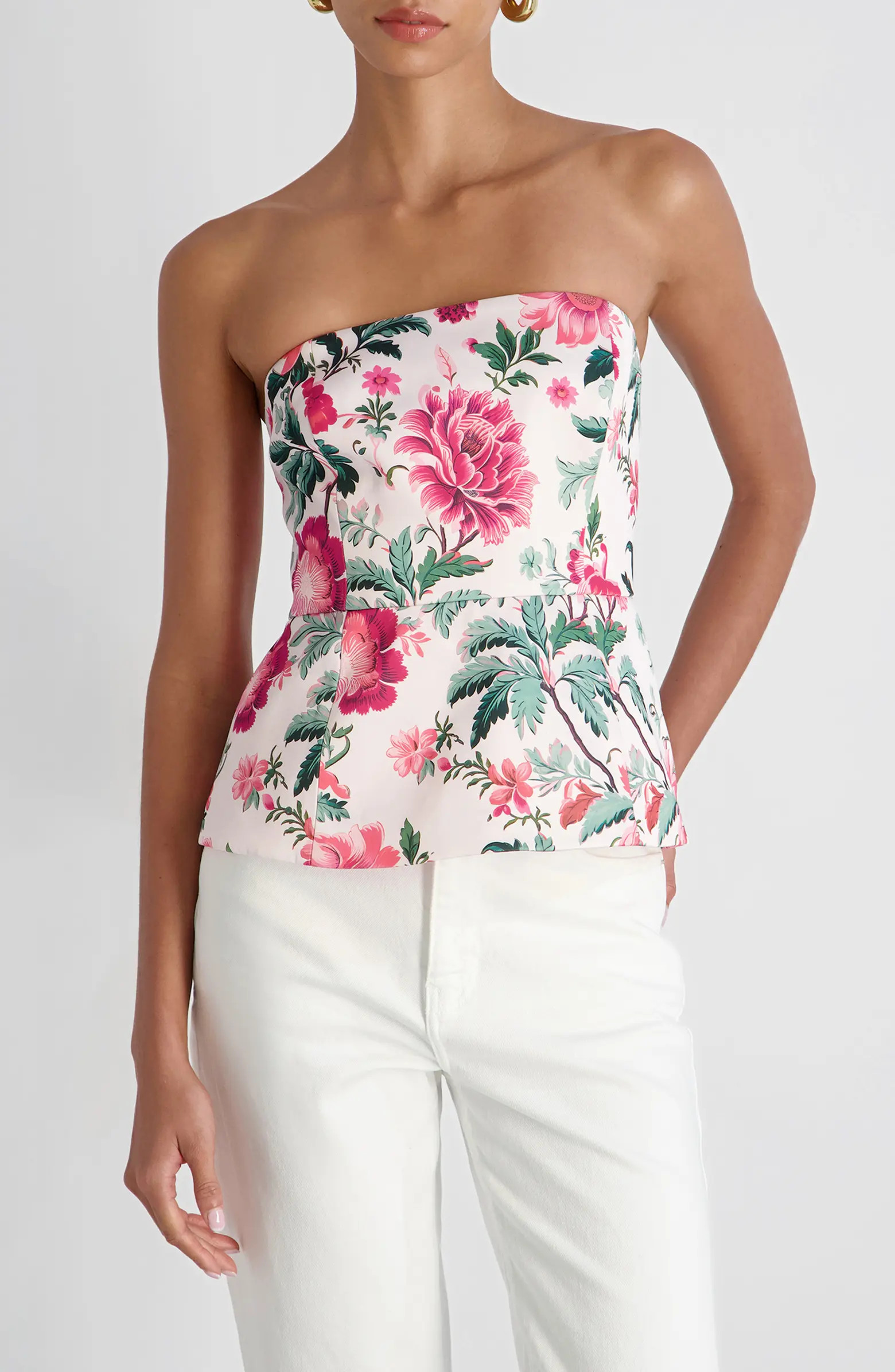 French Connection Christa Print Strapless Peplum Satin Top | Nordstrom | Nordstrom