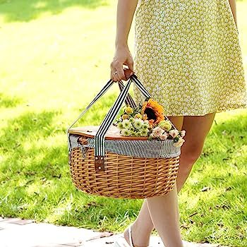 Wicker Picnic Basket Set for 2 with Double Wooden Lids & Handles, Country Style Picnic Hamper wit... | Amazon (US)