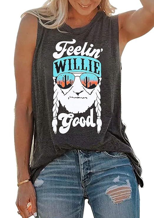 SUNFLYLIG Feelin' Willie Good Letters Graphic Tank Tops for Women Cactus Print Sleeveless T Shirt... | Amazon (US)