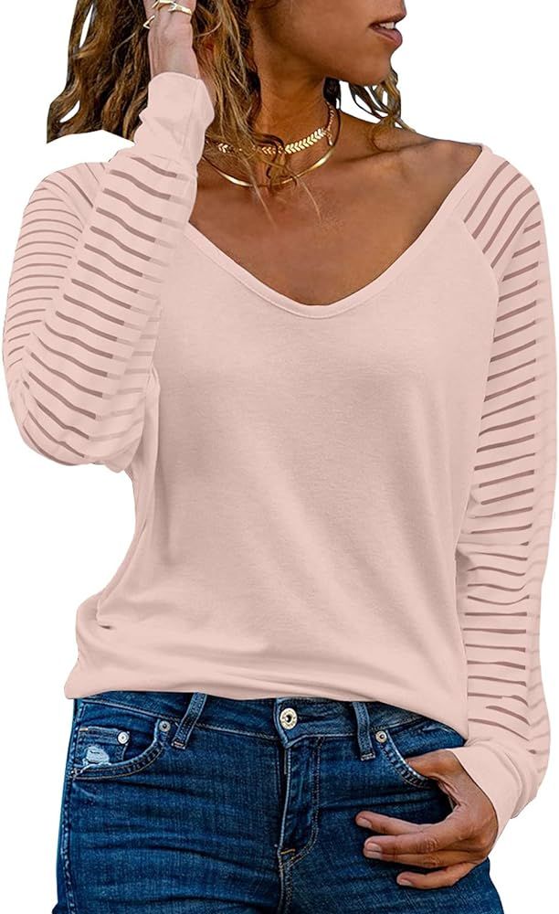 Actloe Womens Casual V Neck Tops Long Sleeve Shirts Striped Sheer Mesh Patchwork Blouses and Tops | Amazon (US)