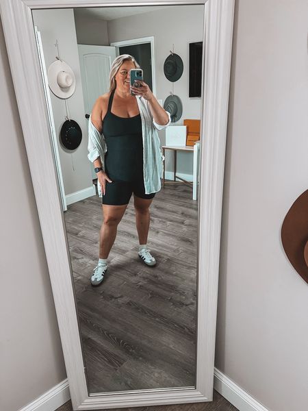 Activewear romper styled with a cute button up gauzy swimsuit cover up and casual sneakers 

I’m normally an 18/20 and wearing an XXL in the romper and 2X in the cover up. Sneakers fit TTS. 

#LTKSeasonal #LTKPlusSize #LTKActive