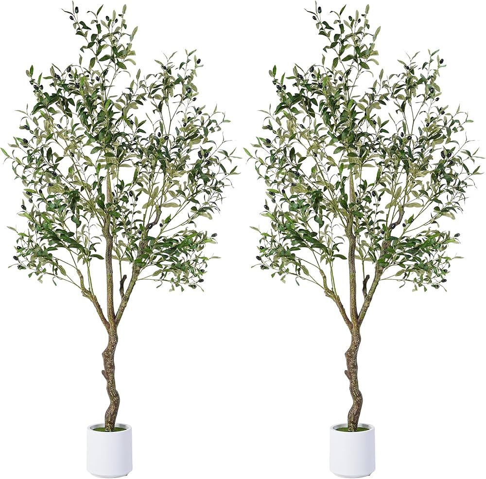 Artificial Olive Tree 6FT, Indoor Fake Silk Plant with Realistic Trunk, Leaves, Fruits and White ... | Amazon (US)