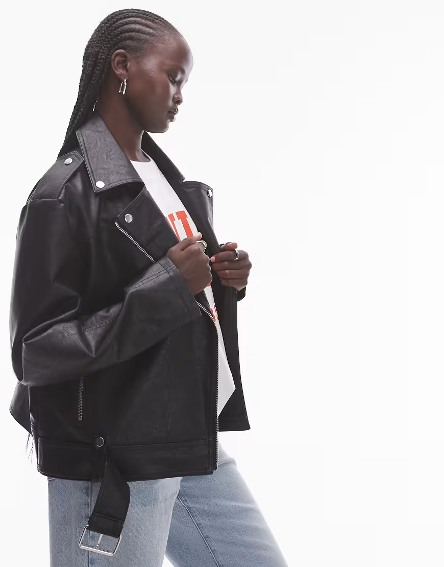 Topshop faux leather biker jacket in washed black | ASOS (Global)