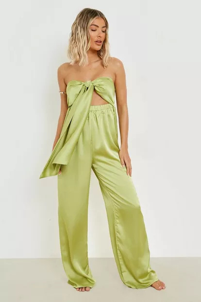 Satin Bandeau Tie Wide Leg Beach Jumpsuit | Boohoo.com (US & CA)