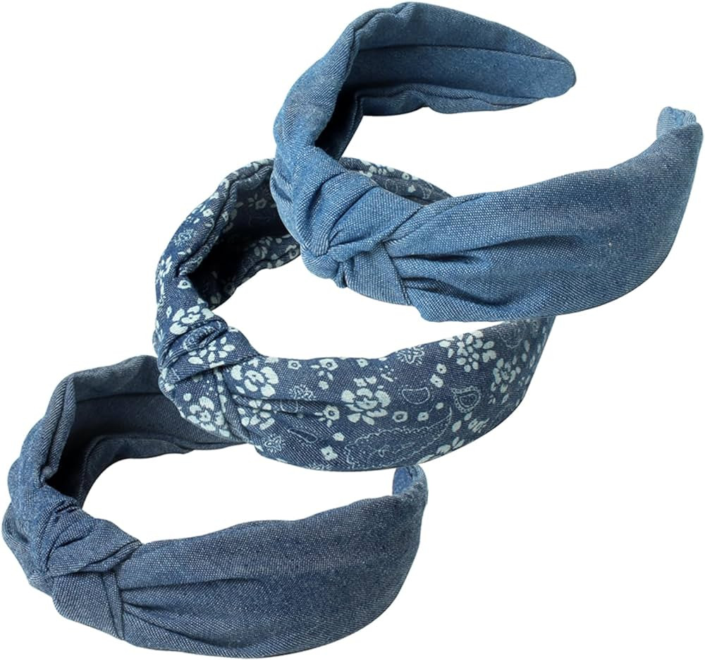 Cuizhiyu 3Pack Denim Knot Headband - Wide Non Slip Knot Headbands for Women, Girls - Blue Fabric ... | Amazon (US)