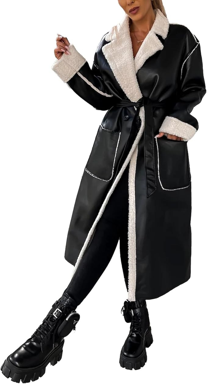 Sexyshine Women's Faux Shearing Long Jacket Moto Bomber Sherpa-Lined Winter Faux Leather Coat Out... | Amazon (US)