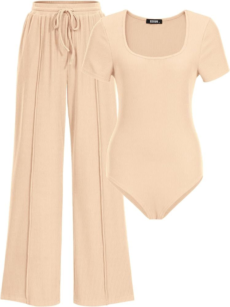 BTFBM Women's Casual 2 Pieces Outfits Square Neck Short Sleeve Shapewear Bodysuit Drawstring Pant... | Amazon (US)