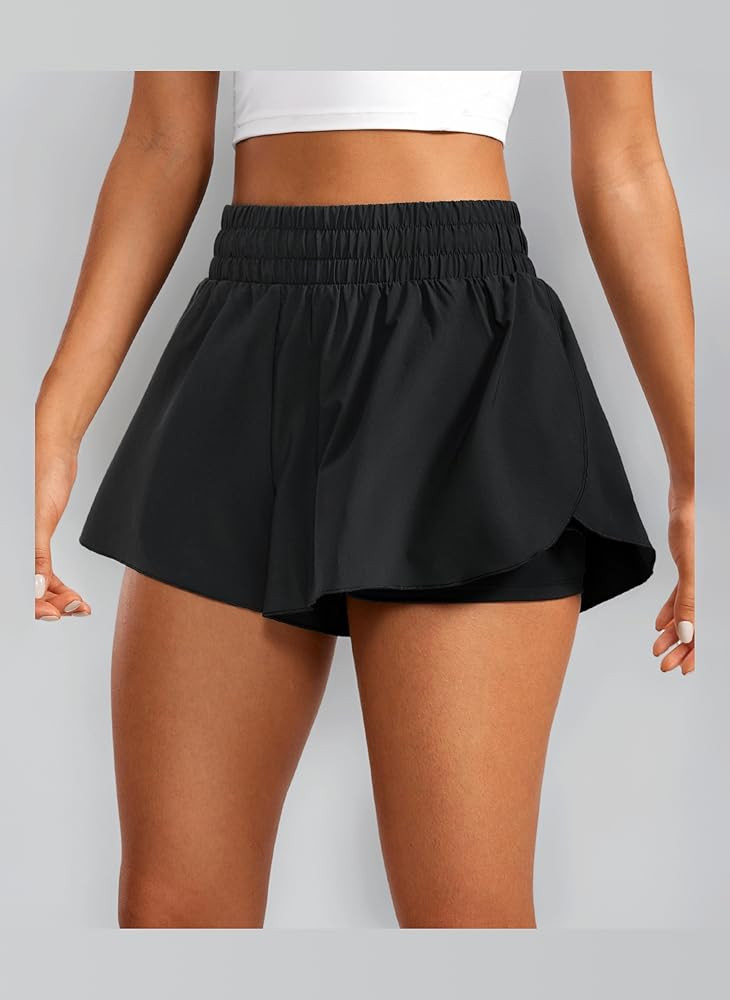 CRZ YOGA Women's 2 in 1 Flowy Running Shorts High Waisted Quick Dry Sport Gym Biker Shorts Athlet... | Amazon (UK)