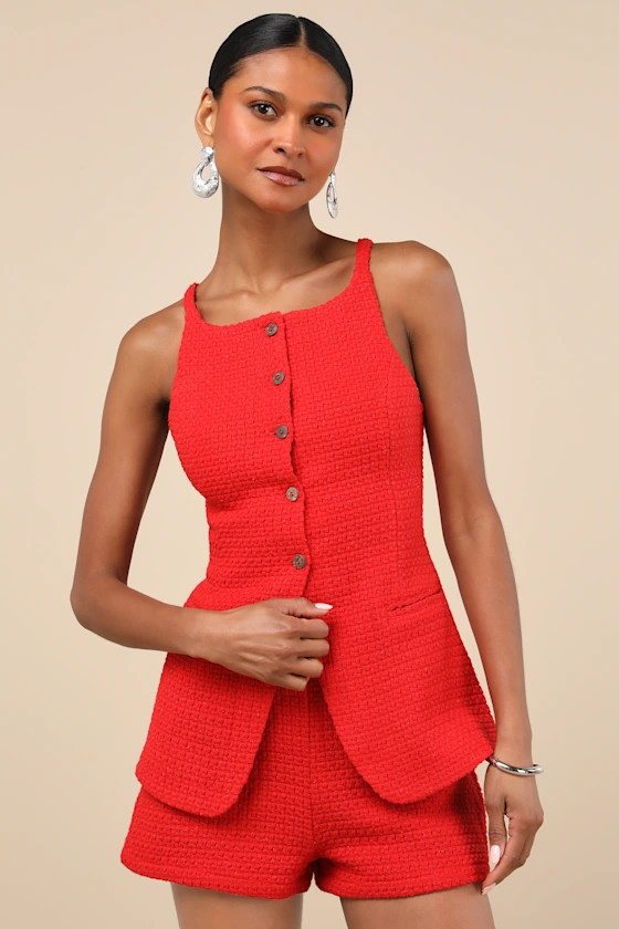 Mariette Red Knit Button-Front Vest Top | Lulus
