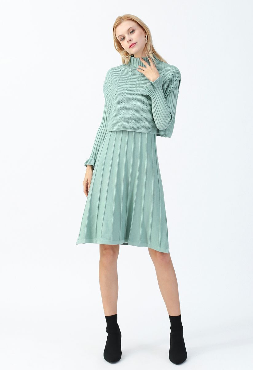Mock Neck Pleated Knit Twinset Dress in Mint | Chicwish