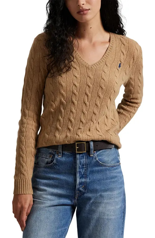 Polo Ralph Lauren Kimberly Cable Wool & Cashmere V-Neck Sweater in Collection Camel Melange at Nordstrom, Size Large | Nordstrom