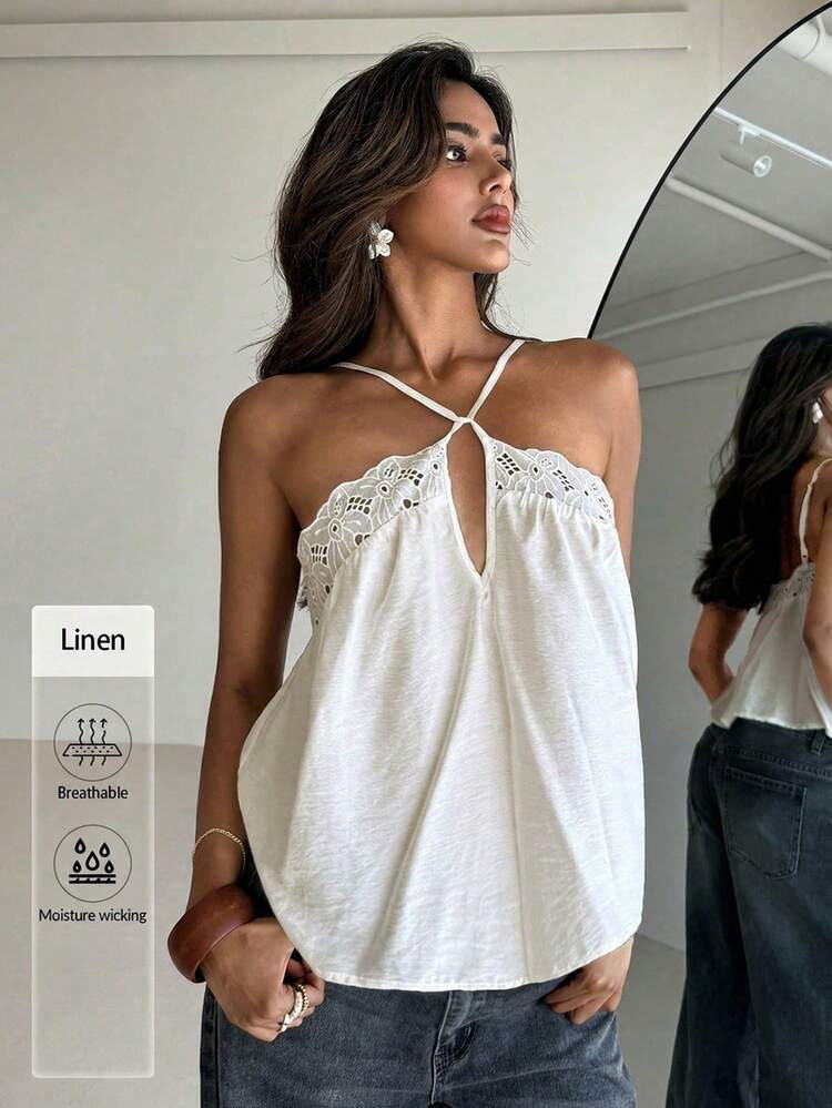 Aloruh Women's Elegant White Summer Casual Holiday Vacation Holiday Embroidered Floral Trim Camis... | SHEIN