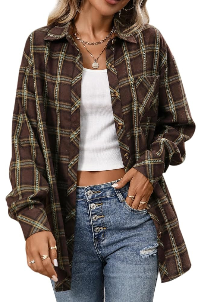 CHYRII Womens Oversized Flannel Shirts Button Down Long Sleeve Plaid Shirt Business Casual Blouse... | Amazon (US)