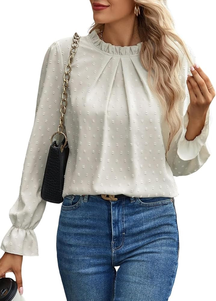 Women's Swiss Dot Shirt Ruffle Long Sleeve Pleated Crewneck Blouse Casual Loose Tops | Amazon (US)