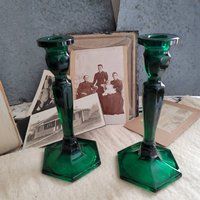 Vintage Green Glass Candle Holders/Candleholders Midcentury Modern Cottage Bohemian Boho Farmhouse S | Etsy (US)