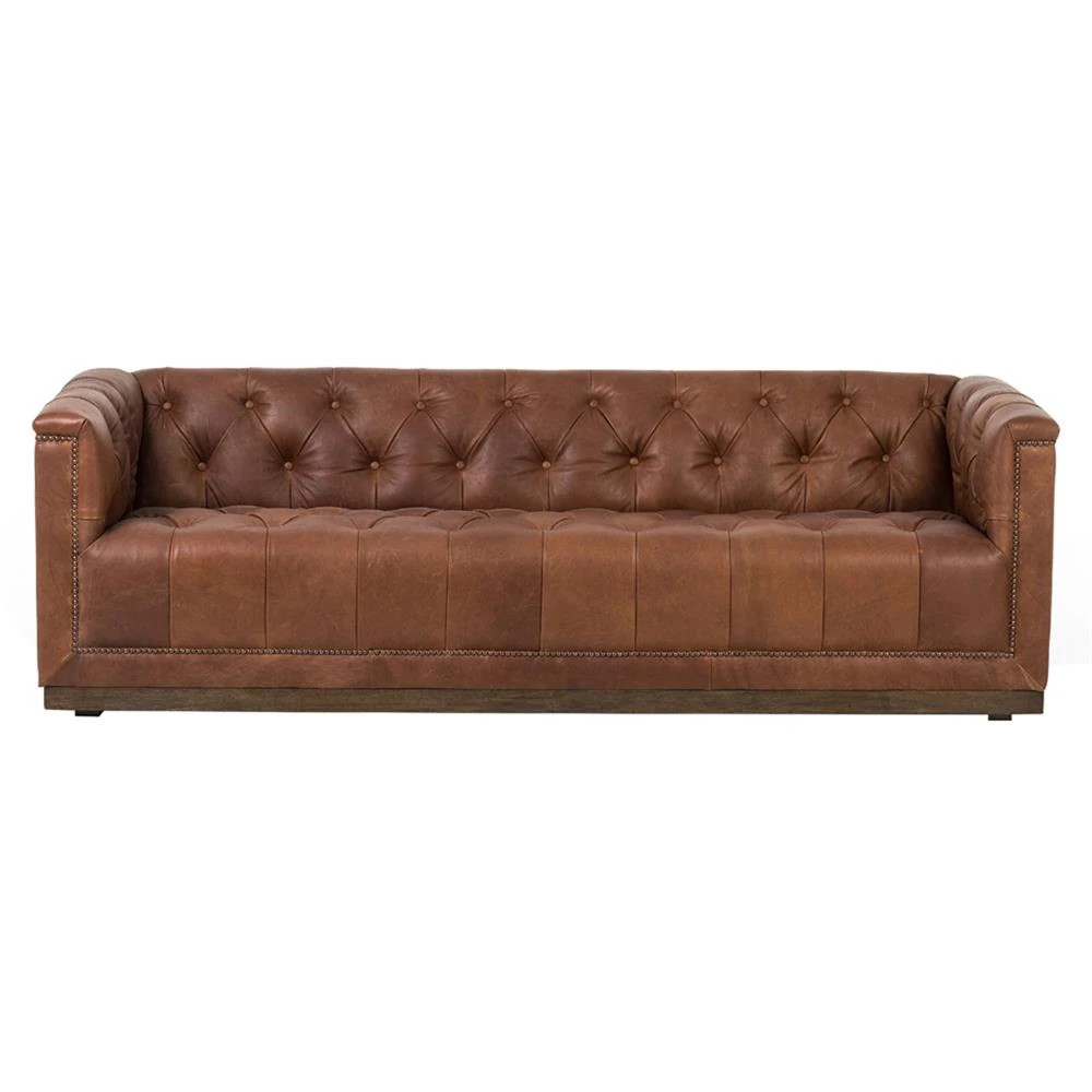 Emmy Rustic Warm Brown Leather Tufted Nailhead Trim Sofa - Small - 86"W | Kathy Kuo Home
