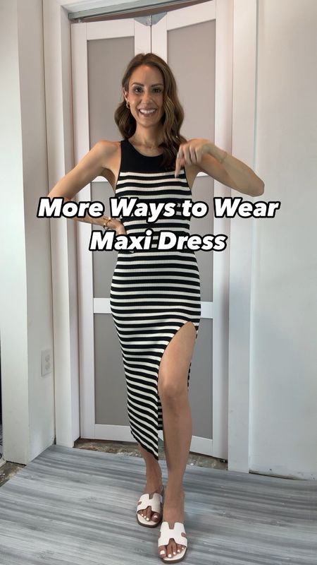 Fave maxi dress alert!! 😍😍 I did a real on different ways to wear this and now I’m adding more with a chambray shirt accessory! It is so versatile! The fit is so flattering! I know horizontal stripes can be scary, but this has some stitching at the rib cage that accentuates the waist and makes the hips look amazing! I also love the side slit placement this dress is absolute perfection. I am wearing a size small in the dress and an XS in the chambray shirt. Sandals are also a new fave and tts! 

#LTKtravel #LTKfindsunder50 #LTKVideo