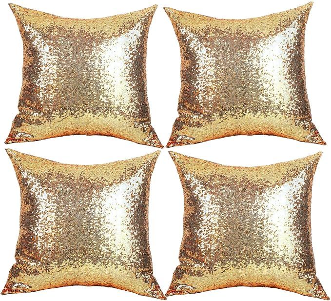 BSSN 4 Pack Gold Sequin Pillow Cover 18x18 Inch, Shiny Sparkling Glitzy Luxury Throw Cushion Cove... | Amazon (US)