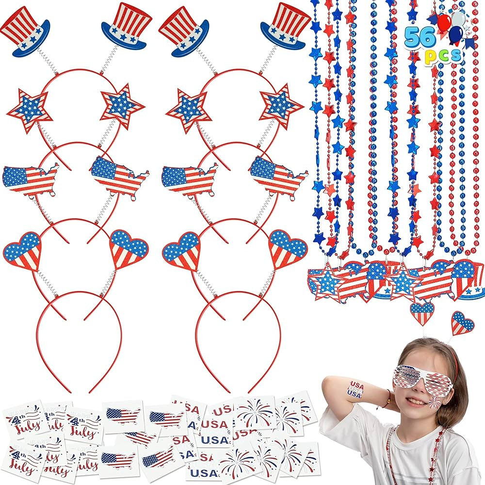 JOYIN 56 Pcs 4th of July Accessories with 8 Glasses, 8 Headbands, 8 Necklaces and 32 Tattoo Stick... | Amazon (US)