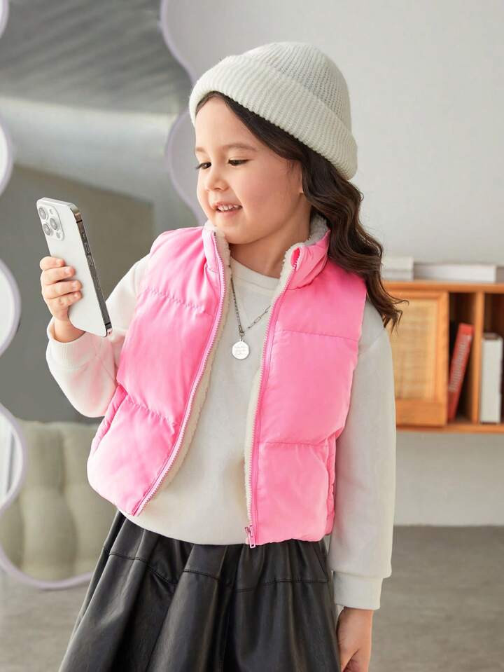 SHEIN Young Girl Sleeveless Vest With Stand Collar And Fleece Lining, Casual Style | SHEIN