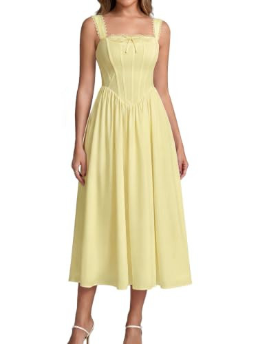 EYNMIN Womens Floral Corset Midi Flowy Lace Up Summer Wedding Guest Dresses | Amazon (US)