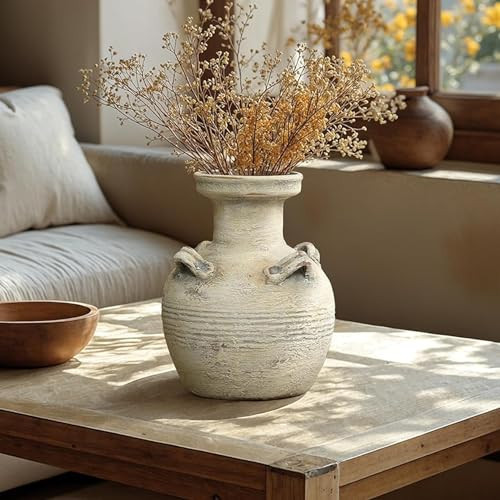 LuxenHome Rustic Ceramic Vase, 10" Tall Off-White with Gray Terracotta Urn Vase, Unique Farmhouse Pottery for Shelf Decor, Boho Vintage Flower Vase for Living Room Decor, Home Décor Accents | Amazon (US)