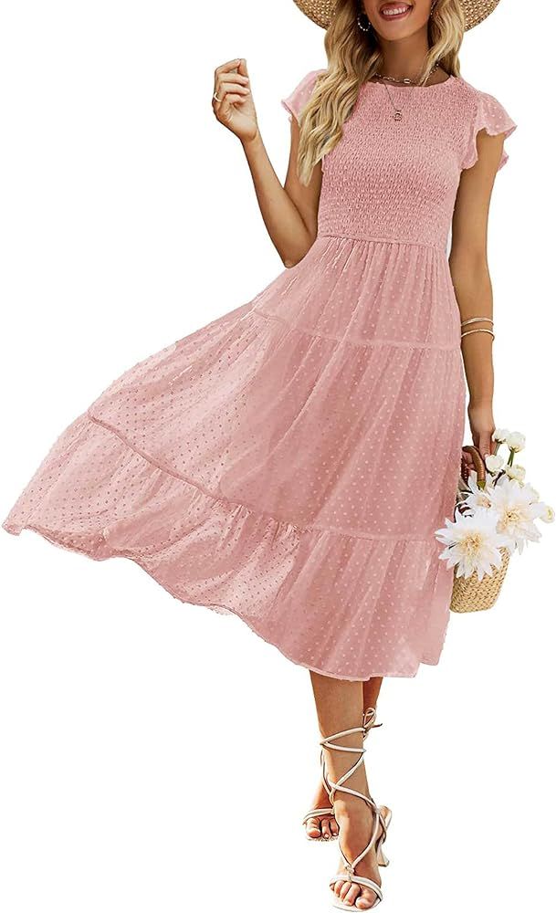 MEROKEETY Women's Summer Flutter Short Sleeve Smocked Midi Dress Swiss Dot Flowy Tiered Dresses | Amazon (US)