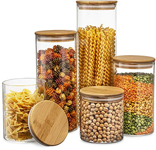 Set of 5 Glass Kitchen Canisters with Airtight Bamboo Lid - Glass Storage Jars for Pantry Organization and Bathroom for Flour, Coffee, Cookie Jar, Candy, Snack, Pasta, Rice, Sugar Packet Holder | Amazon (US)