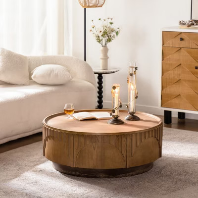 Modern Round Coffee Table, Solid Wood and MDF with Relief Design, Sturdy Pedestal, Multi-Functional Use | Target