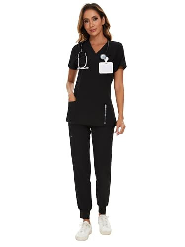 COZYFIT Scrubs for Women Set - Stretch V-Neck Scrub Top & Jogger Pant with 8 Pockets, Yoga Waistband, Anti Wrinkle, Slim Fit Women Scrubs - Black, 3XL | Amazon (US)
