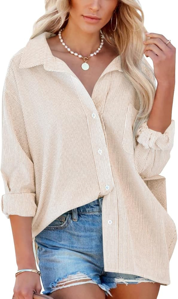 Flowyair Women's Oversized Button Down Shirts Business Casual Long Sleeve Blouse Work Striped Top... | Amazon (US)