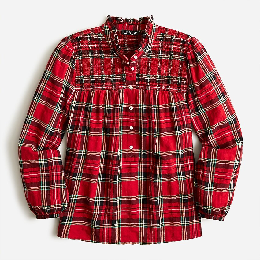Ruffleneck cotton flannel popover in Good Tidings plaid | J. Crew US