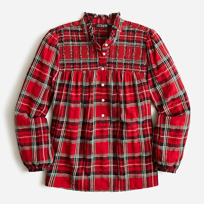 Ruffleneck cotton flannel popover in Good Tidings plaid | J.Crew US