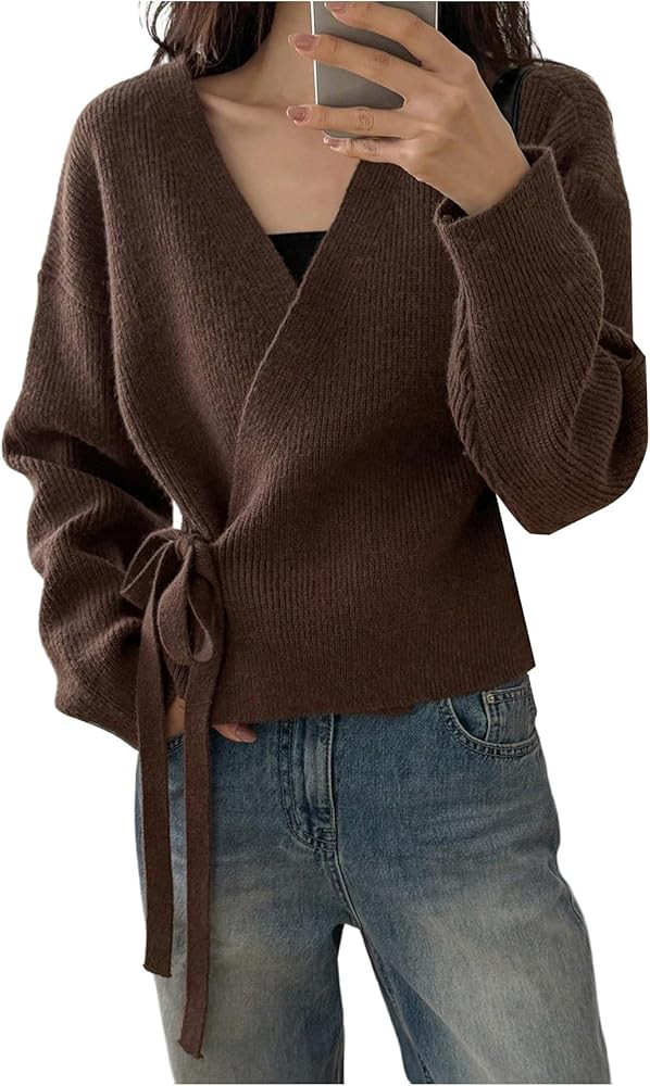 SweatyRocks Women's Wrap Cardigan Sweaters Tie Front Long Sleeve Soft Knit Dressy Work Tops | Amazon (US)