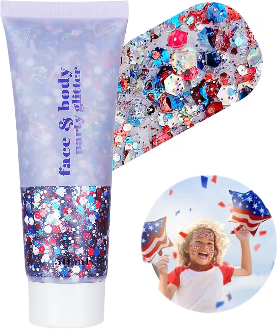 Go Ho Red White and Blue Body Glitter,USA Flag Pride Face Glitter,4th of July Outfits for Women R... | Amazon (US)