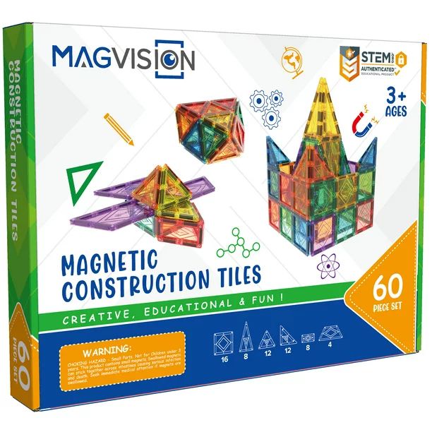 MagVision 60-Piece Magnetic Building Tiles Set, STEM Education Construction Set, Extra Strong and... | Walmart (US)