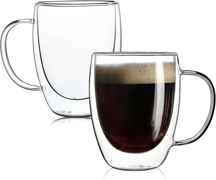 Aurzen 2 Pack Double Walled Glass Coffee Mugs with Handles, Large Insulated Layer Coffee Cups, 12... | Amazon (US)