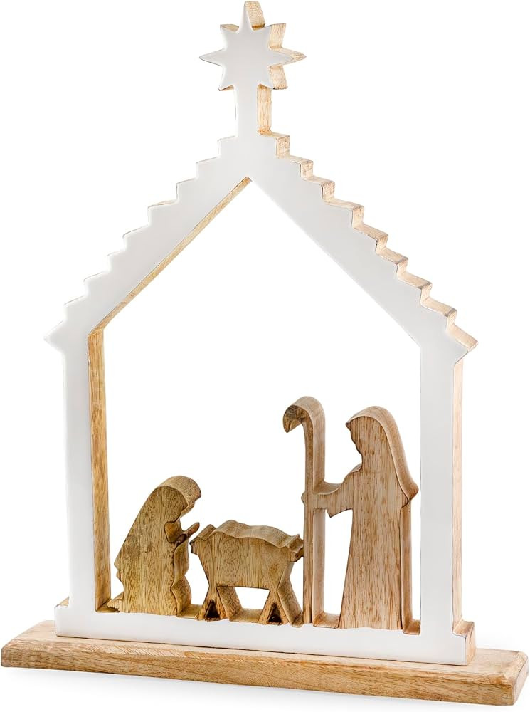 AuldHome Wood Enamel Nativity Scene, Rustic Mango Wood w/Enamel Christmas Decor Statue | Amazon (US)