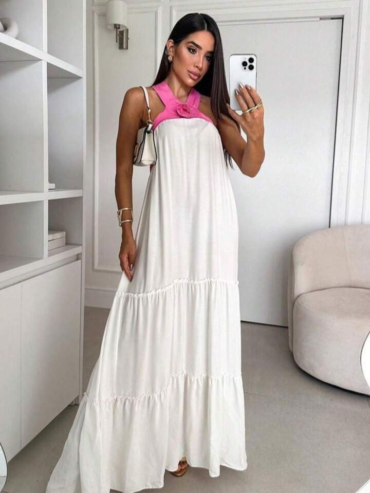 R$135,99R$269,99-50% 6x de R$22,67 sem juros Vestido longo frente única ccom flor sem manga casu... | SHEIN