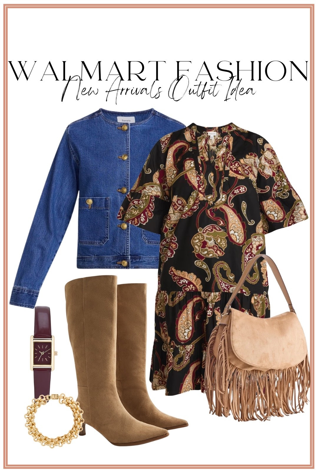 This Walmart fall outfit looks SO much more expensive than it is! 🤎 I love the gorgeous paisley print and rich fall colors on this dress, especially styled with a classic denim jacket, tall neutral boots and a fringe bag. The gold jewelry and burgundy watch pull all of the colors together perfectly. Such a pretty Walmart outfit idea for dinner, church, a fall event or anywhere you want to feel a little more dressed up while still being comfortable!

#walmartfashion #walmartfinds #walmartstyle #walmartnewarrivals #fallfashion #falloutfitideas #falldress #paisleydress #denimjacket #affordablefashion #affordablestyle #womensfallfashion

#LTKootd #LTKPetite