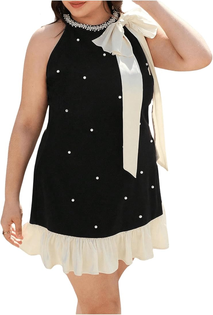 Women's Plus Size Pearl Decor Halter Dress Bow Tie Knot Ruffle Hem Sleeveless Short Dress | Amazon (US)