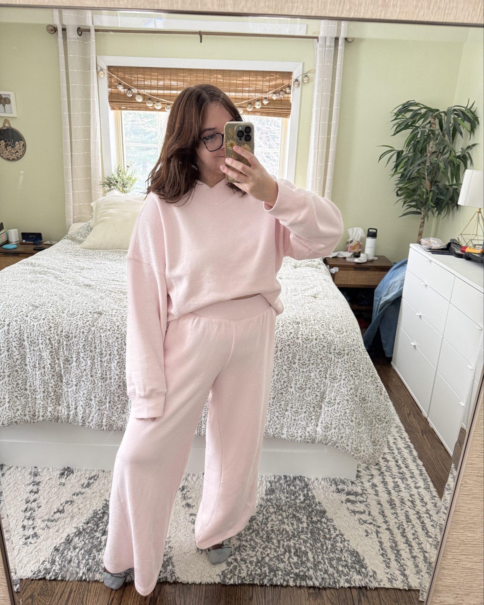 One pink matching set 2 ways. Tucked in the bra and let loose.

This aerie pink v neck sweatshirt runs true to size for once. I’m wearing a large.

The pink wide leg sweatpants run somewhat big. I did go with my true to size large, but got a short since they’re so long. The medium’s fit, but I didn’t like that they showed my belly as much.

This matching sweat set is the perfect travel outfit, errands outfit or loungewear for moms 

#LTKmomlife #LTKSeasonal #LTKMidsize