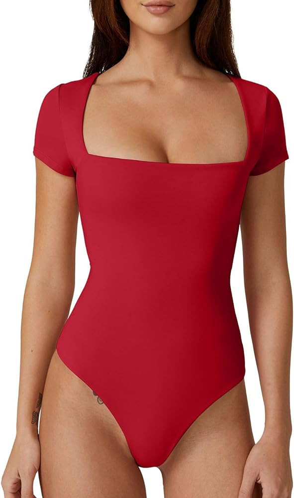 QINSEN Women's Square Neck Short Sleeve Bodysuit Sexy Body Suit Tops Double Lined Shirts | Amazon (US)