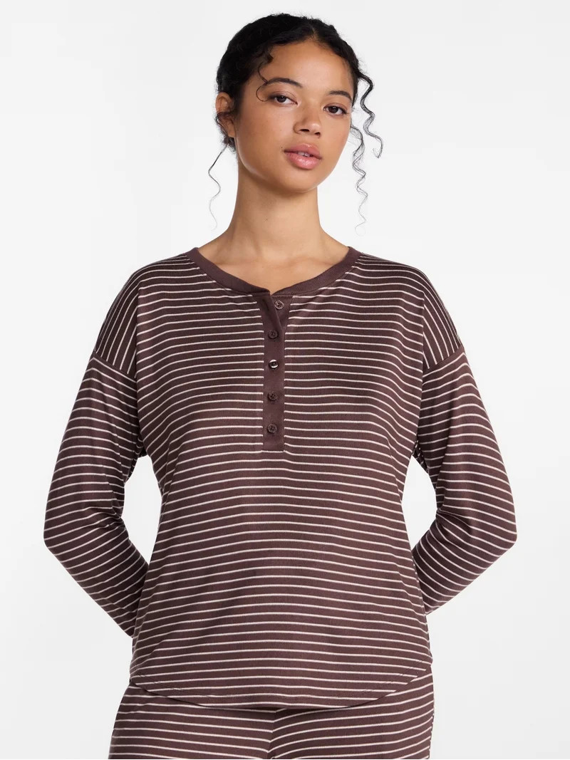 Joyspun Women's Cozy Lounge Collection Hacci Long Sleeve Henley Sleep Top, Sizes XS to 3X | Walmart (US)