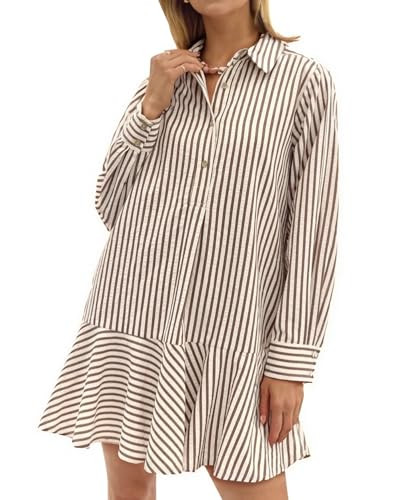 EZAPINE Womens Striped Shirt Mini Dress Long Sleeve Collared Ruffle Hem Button Up Tunic Flowy Swi... | Amazon (US)