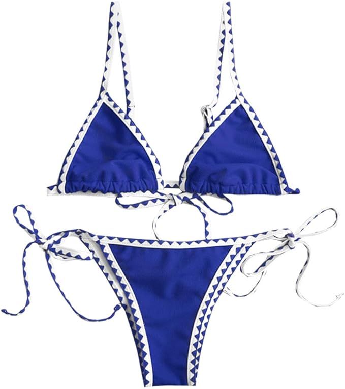 ZAFUL Women's Whip Stitch Textured String Triangle Bikini Set Two Piece Swimsuit | Amazon (US)