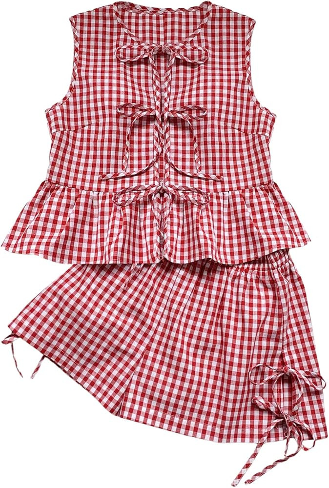 Milumia Women's 2 Piece Outfit Gingham Plaid Bowtie Ruffle Hem Tank Top and Shorts Set | Amazon (US)